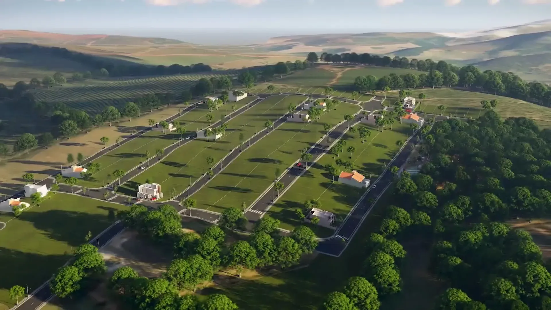Maquete eletrônica do Residencial Jardim Natália — vista aérea do projeto pronto, com casas, ruas arborizadas e áreas verdes
