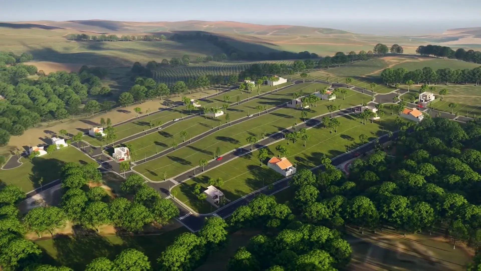 Maquete eletrônica do Residencial Jardim Natália — perspectiva das ruas do projeto, com casas e paisagismo