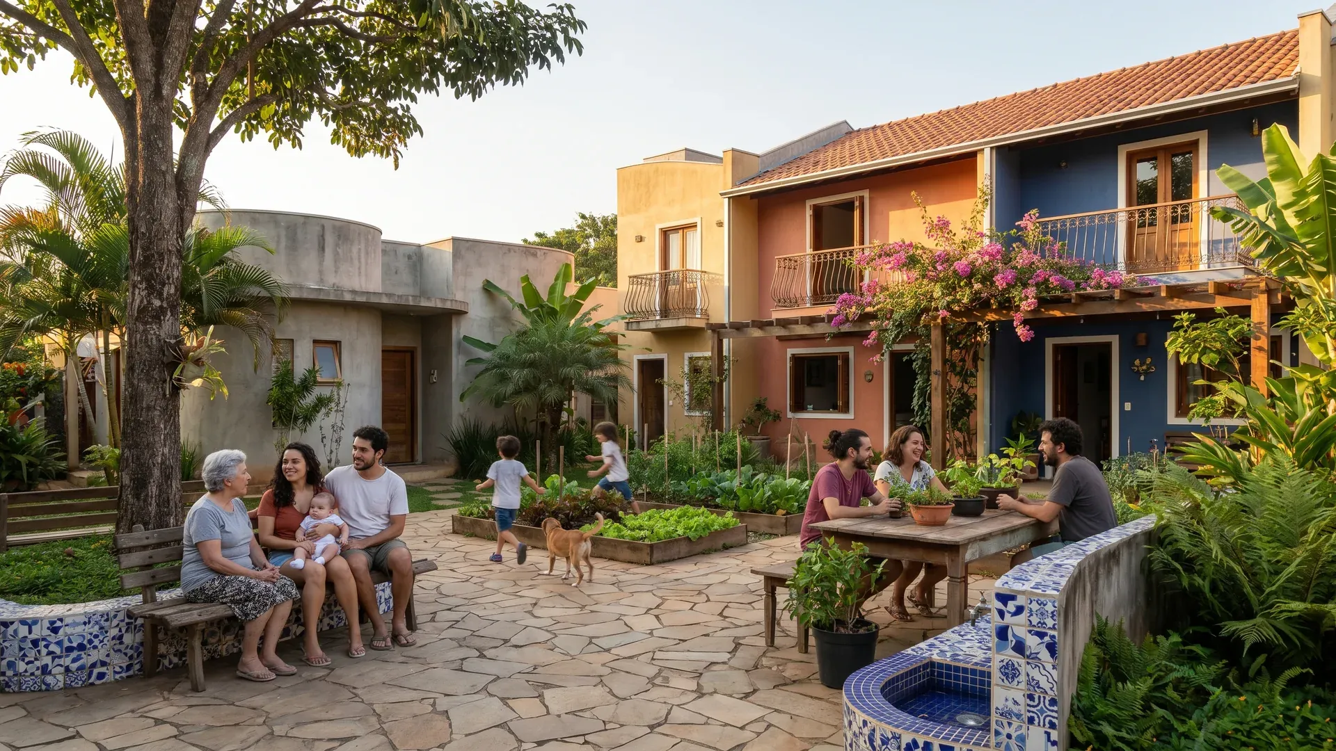 Pátio compartilhado de uma comunidade de cohousing ao entardecer, com casas coloridas ao redor, horta comunitária, vizinhos reunidos à mesa e crianças brincando com um cachorro