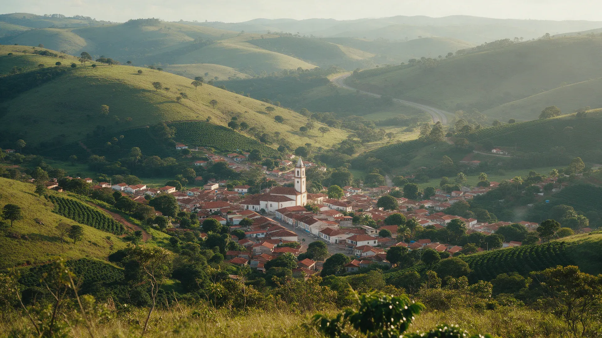 Vista do alto de uma cidade pequena do interior de Minas Gerais ao entardecer, com torre de igreja, casas de telhado vermelho, morros verdes e uma rodovia ao fundo
