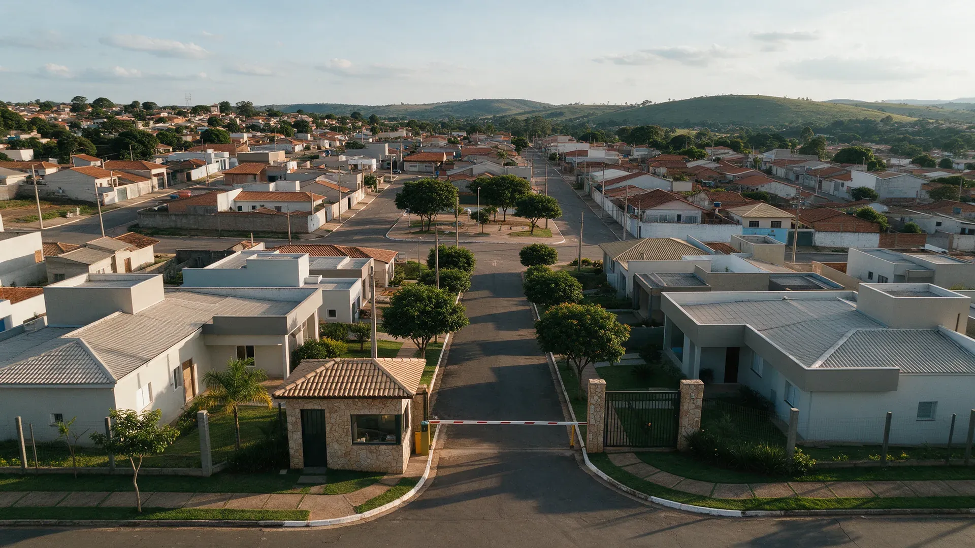 Vista aérea contrastando um condomínio fechado com portaria e rua arborizada em primeiro plano e, logo atrás, um bairro aberto com ruas públicas, praça e casas variadas, em uma cidade do interior de Minas