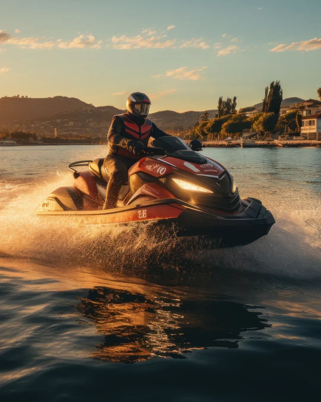 Jet ski cortando a água ao pôr do sol, com casas à beira d’água ao fundo