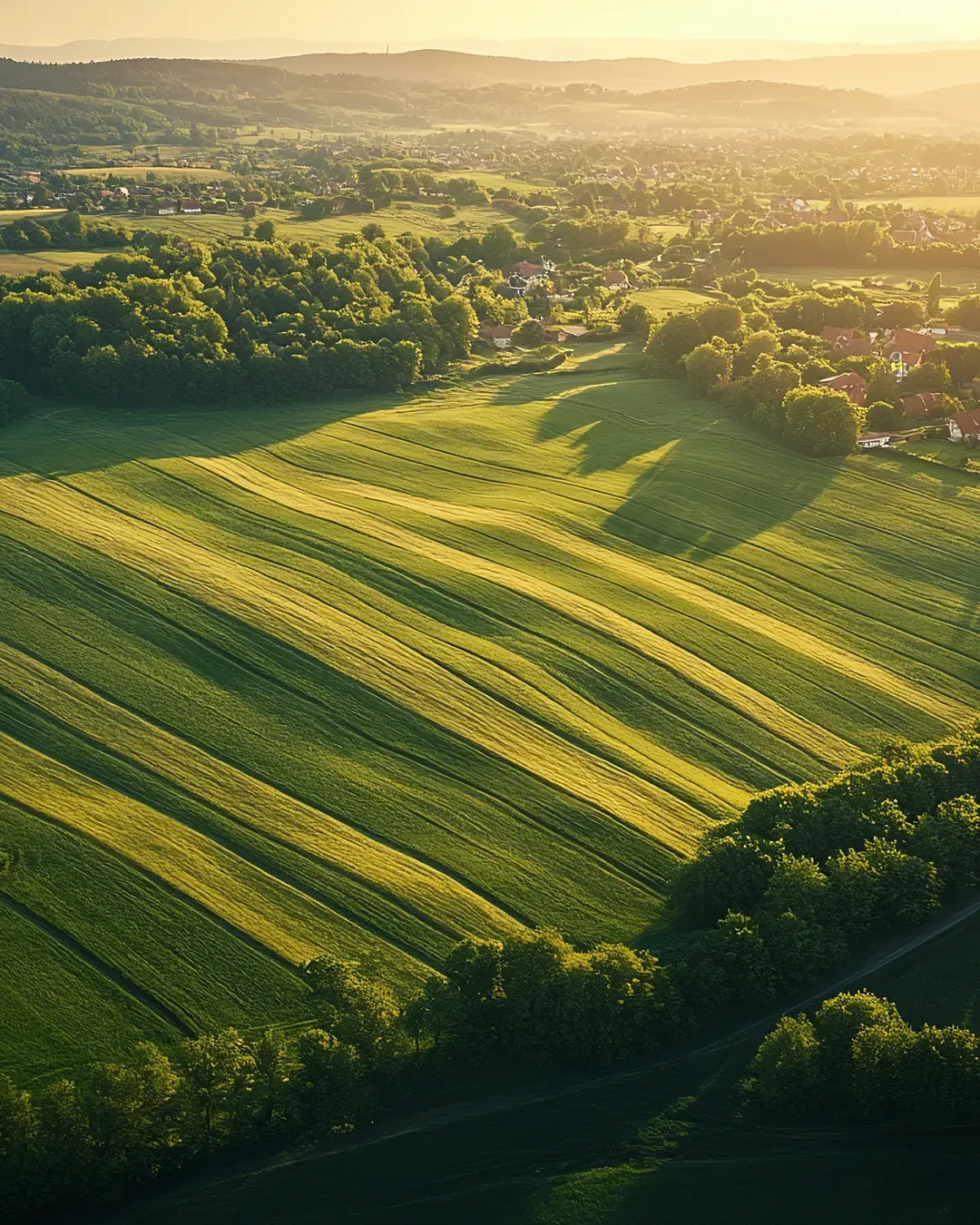Vista aérea de campos verdes ao entardecer, entre matas, com um povoado ao fundo